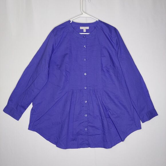 Woman Within Tops - Woman Within Button Top 1X 22/24 Purple Cotton Pleated Long Sleeve V-Neck